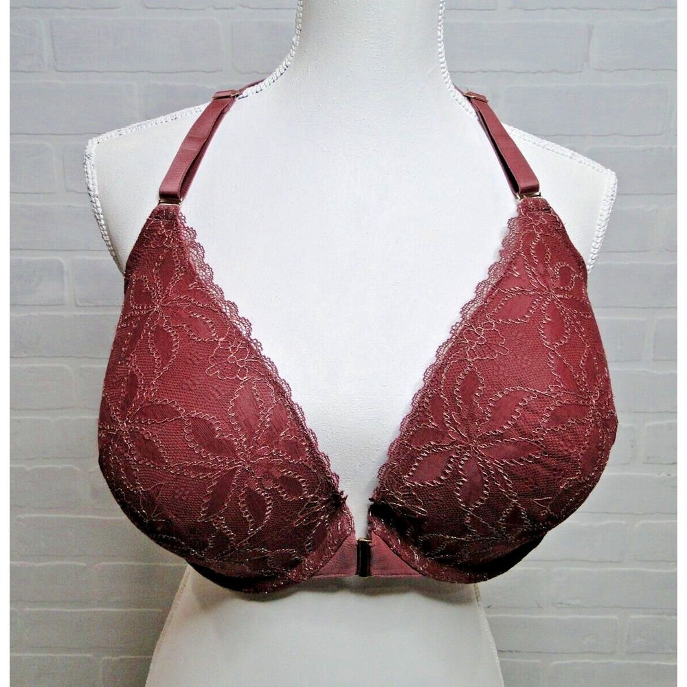 Cacique Boost Plunge Lace Trim Open Front Bra Burgundy 44DD Plus